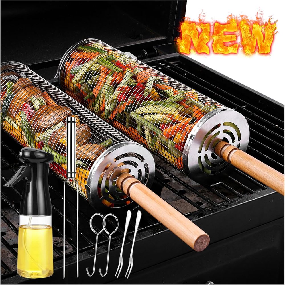 Outdoor Camping Grill - Large Round Stainless Steel Grilling Basket